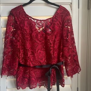 Vintage Alex Evenings Women's Red cut out Lace Blouse with Black Ribbon tie